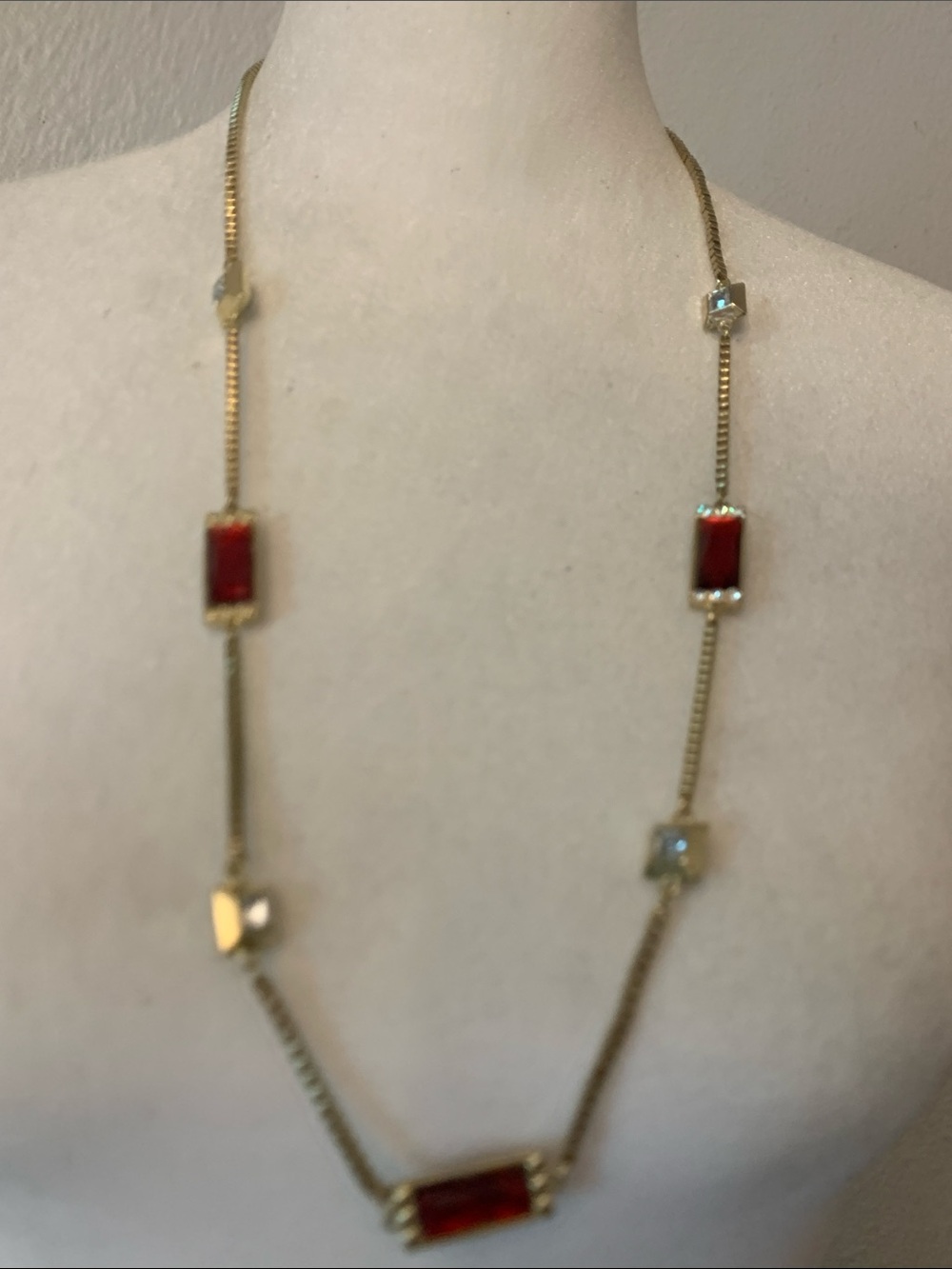 Macy's Gold-Tone Necklace with Red Rectangular Stones and Clear Accents